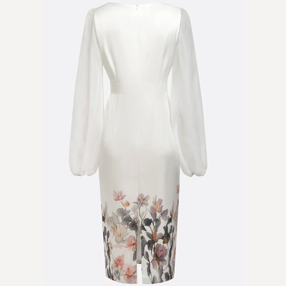 FEHAUTE US10 White Bridal Dress | Sheer Sleeves, Floral Hem, NWT - Picture 4 of 13